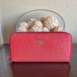 MCM Red Studded Zip-Around Wallet with Gold Hardware
